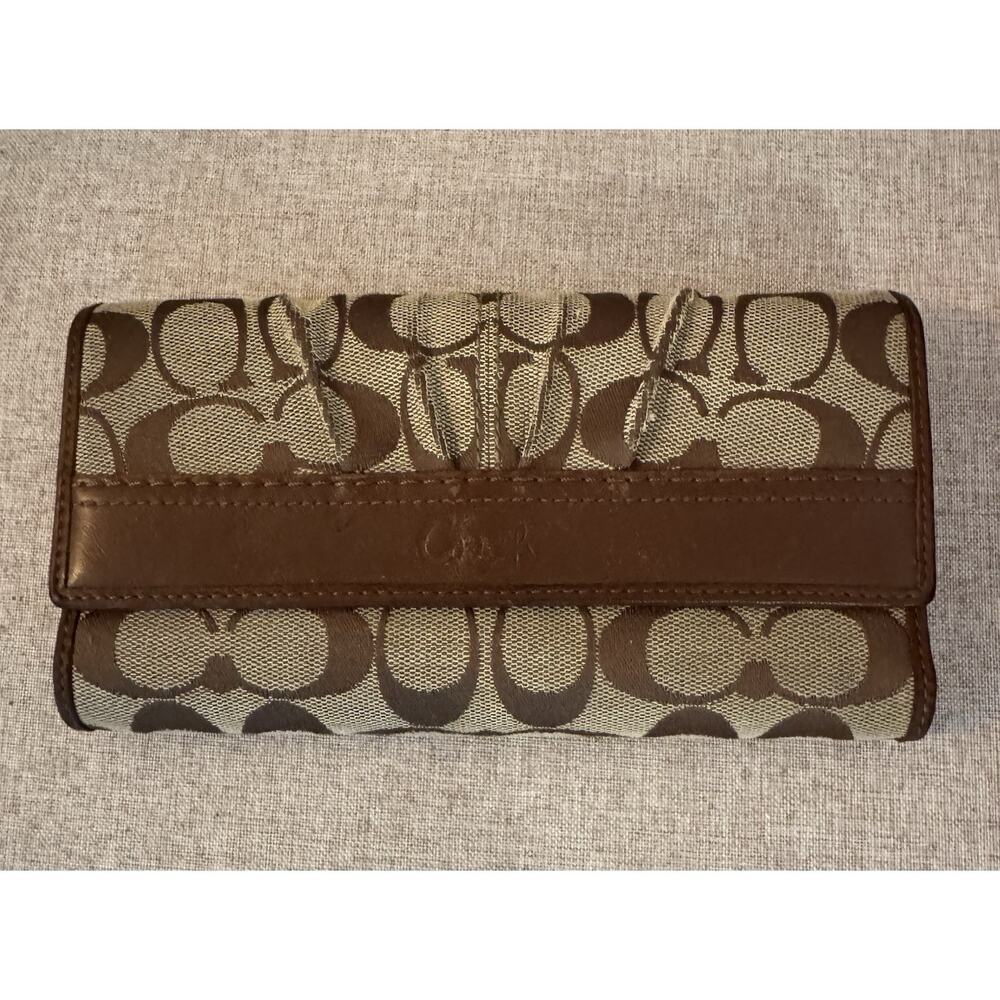 Coach Vintage Brown Leather Canvas Trifold Wallet with Snap Closure and Zip